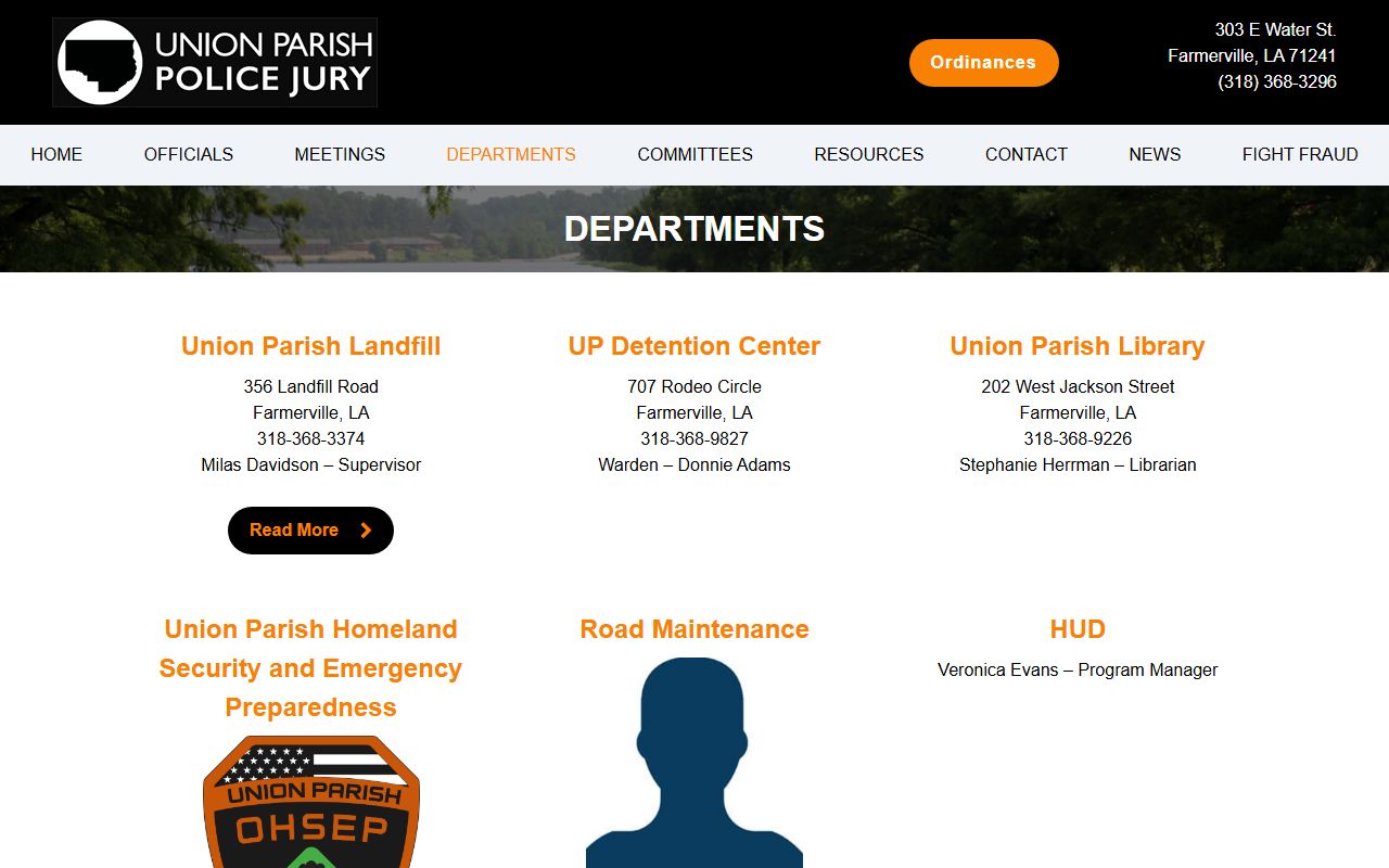 Union Parish Police Jury department listing for the Union Parish Detention Center