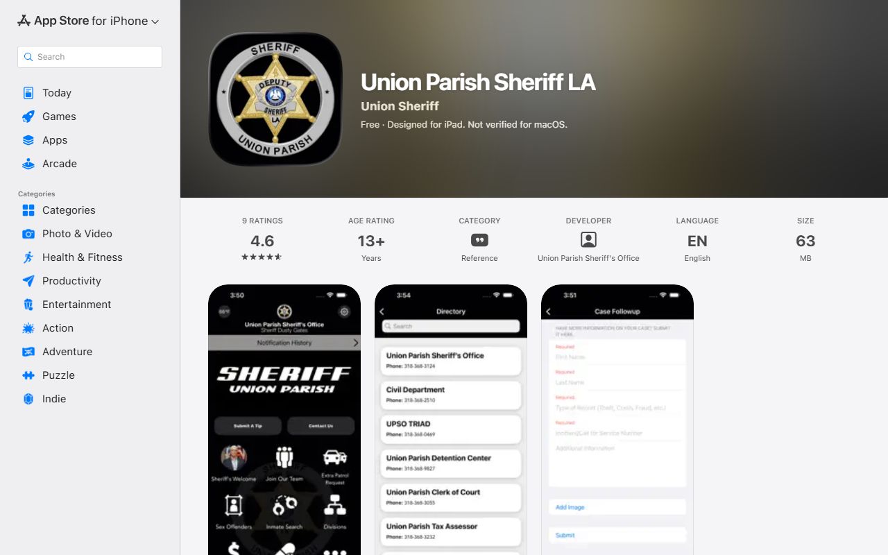 Union Parish County inmate search app listing with inmate and alert features